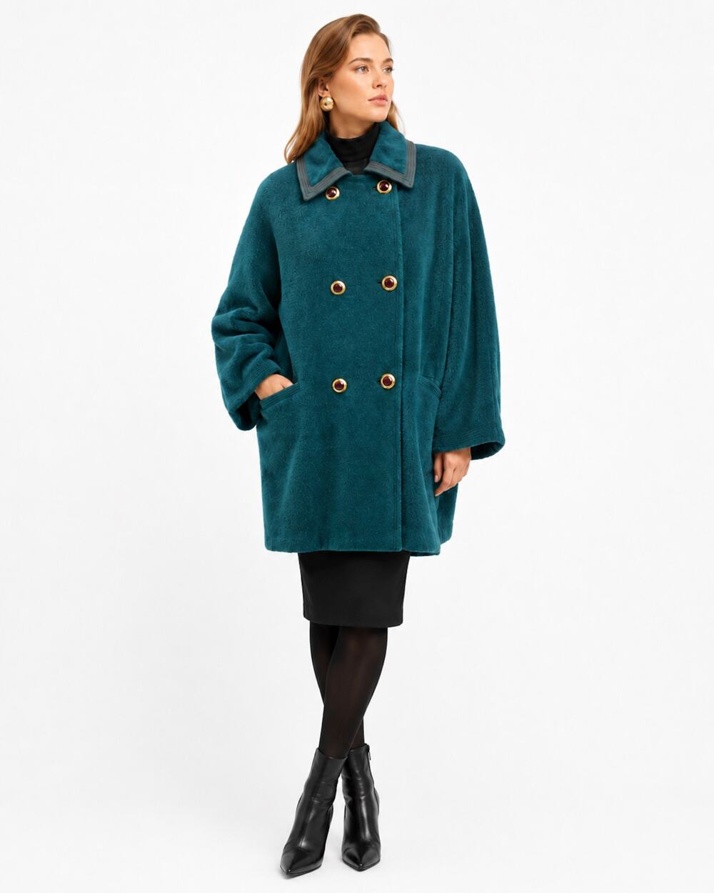 80s Versace GV Versatile Teal Alpaca Wool Cocoon Coat Italy 42